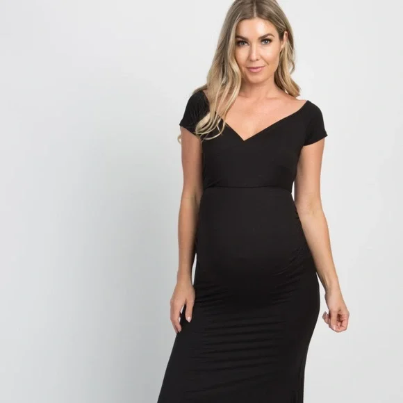 black off the shoulder maternity dress Elegant Off Shoulder Maternity Photoshoot Dress, Black / S